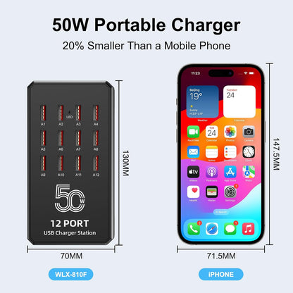 50W 12-Port USB Charging Station for Multiple Devices-Portable USB Charging Hub Compatible with iPhone, Android, Tablet, AirPods & More-Compact Charger Block for Home, Office & Entrepreneur.