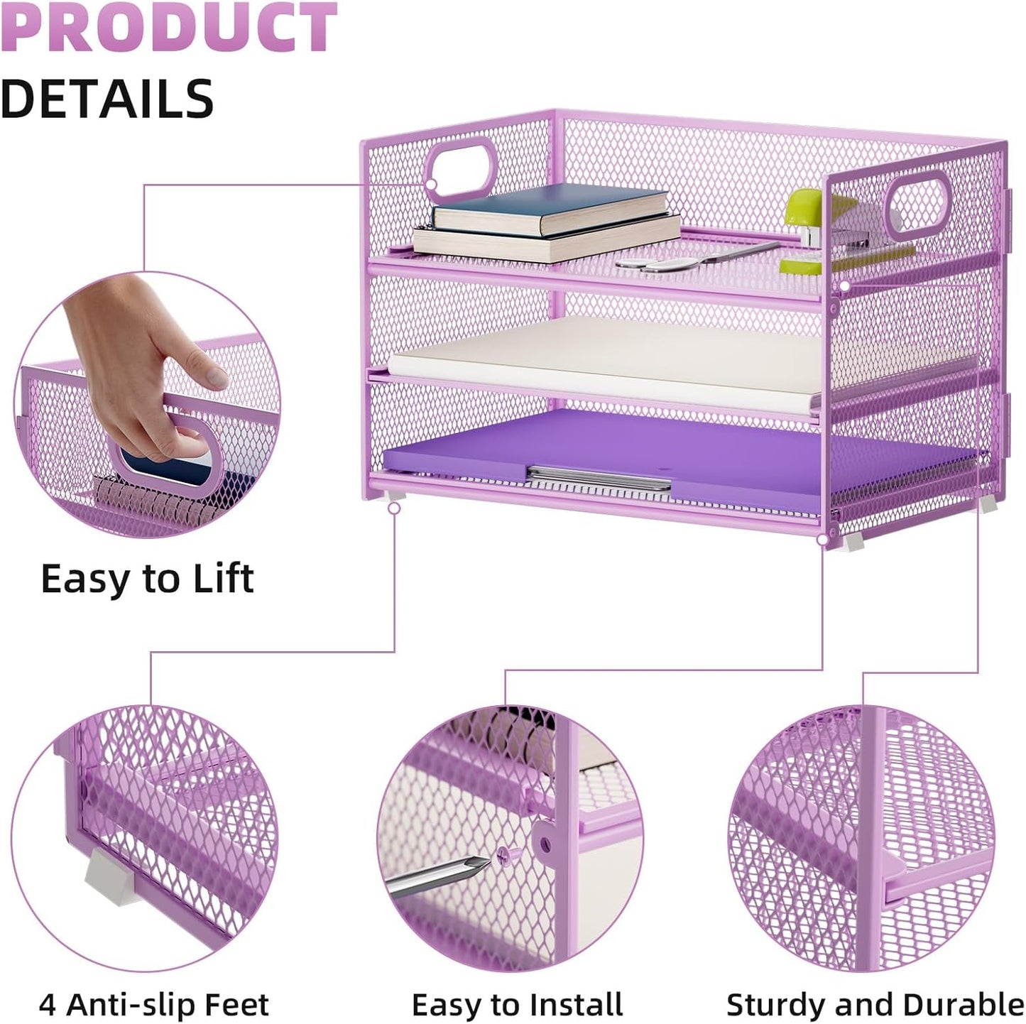 Marbrasse 3 Tier Paper Organizer Letter Tray, Mesh File Organizer with Handle, Paper Sorter Desk Organizer for Home Office Supplies