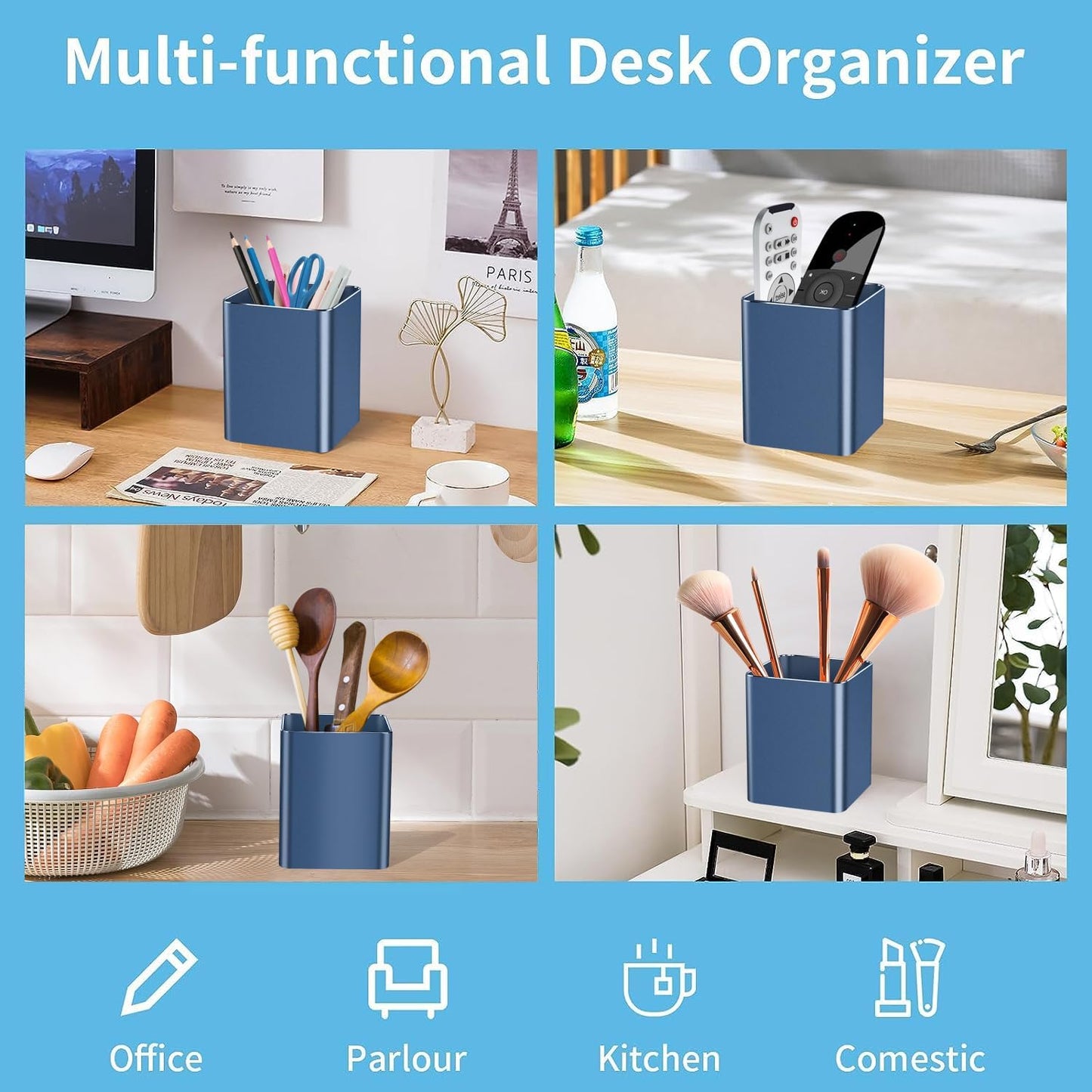 Pen holder, aluminum alloy waterproof pen holder, desktop simple and modern minimalist, multifunctional office supplies for families, kids and schools (blue)