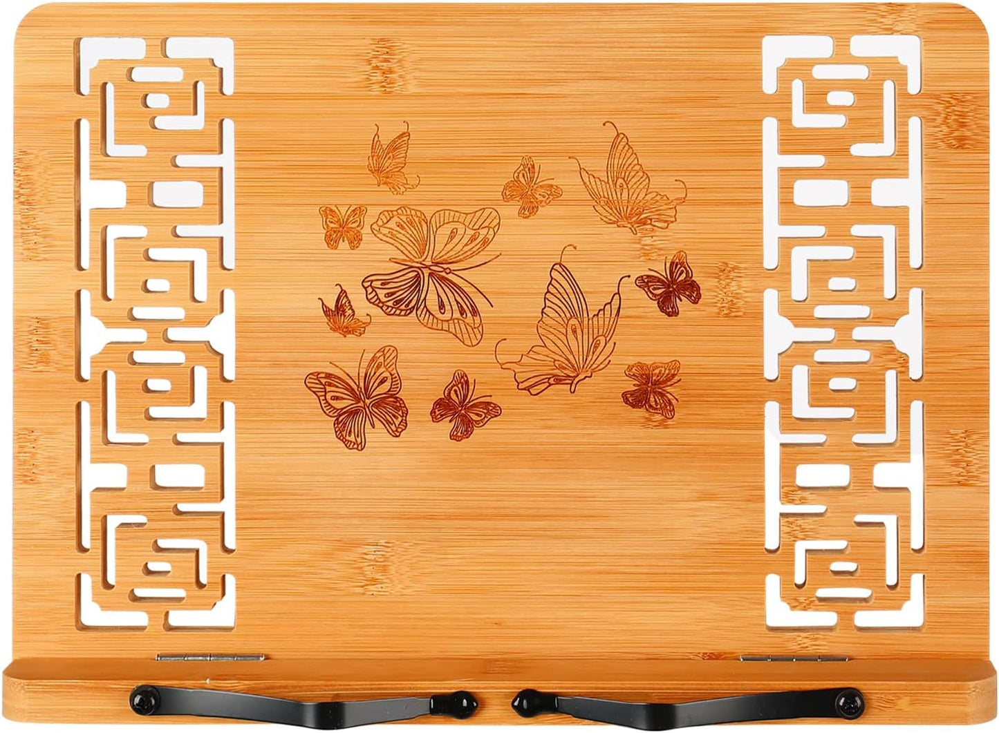 MEGREZ Bamboo Book Stand (13.2 x 9.4 inch) for Reading, Kitchen Cookbook Holder, Adjustable for Tablet/Textbook, Hollow Bookrest, Panda