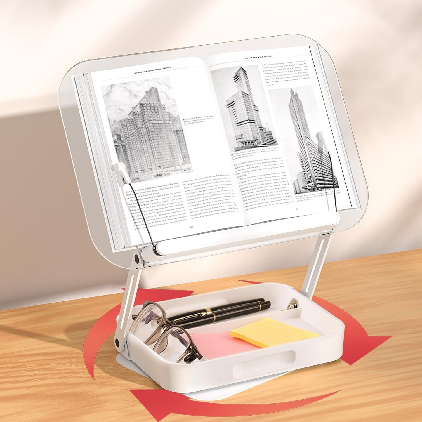 ASIEIT Desk Clamp Book Stand, Aluminum Book Holder Adjustable Height & Angle, Cookbook Stand for Kitchen, Recipe Book Holder with 360° Swivel Base, Book Stand for Reading, Office, Laptop