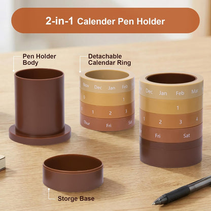 Comix Calender Pen Holder for Desk, Cute Pencil Holder Pen Organizer, Brown Platsic Pen Pencil Cup for Home School Office Supplies