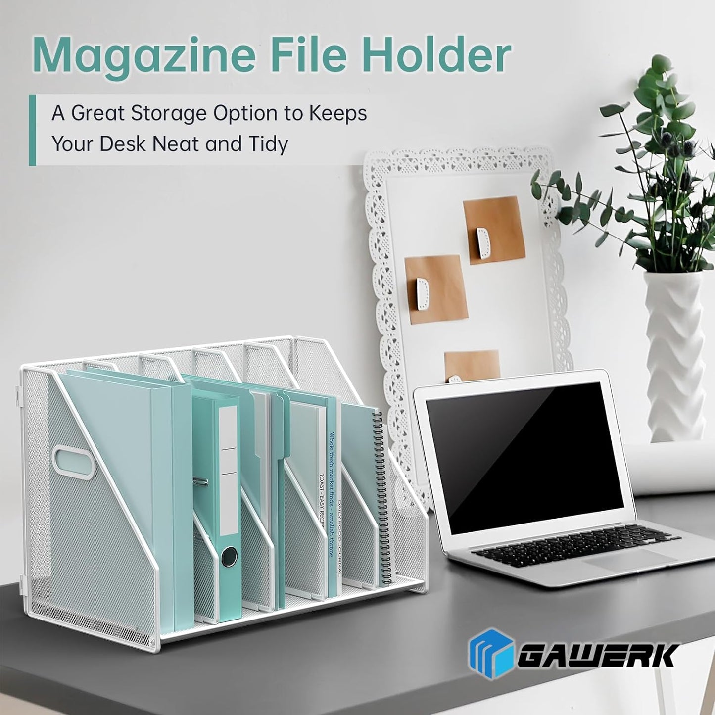 MINDEPOT Desk File Organizer Metal Desk Magazine Folder Holder with 5 Vertical Compartments Rack File Organizer for Office, Home, School, Black