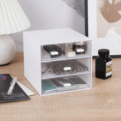Desk Organizer with Drawer, Office Organizer with 4 Drawers, Desk Storage Box for, Desktop, Dressing table, Office, School, Home, Plastic Box and 4 Acrylic Drawers(White)