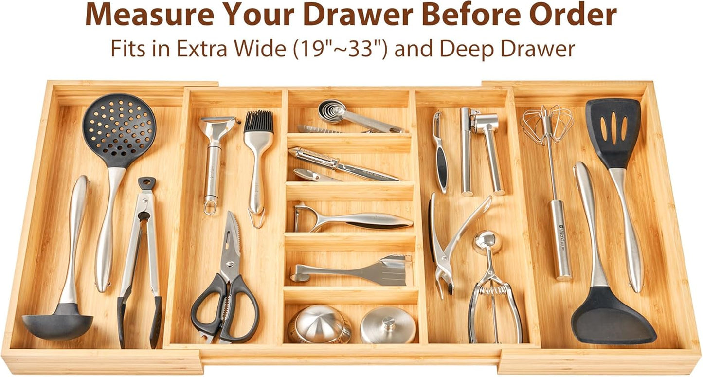 Umilife Expandable Kitchen Drawer Organizer, 2.5" High Bamboo Utensils Silverware Tray, Adjustable Large Deep Wood Organization Holder