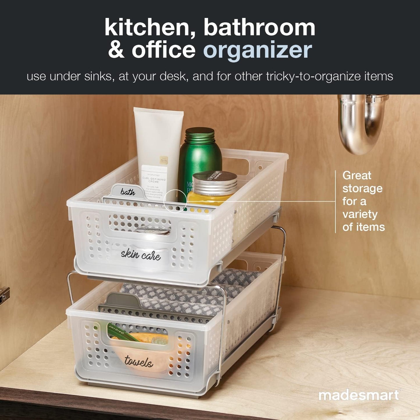 madesmart 2 Tier Bath Organizer, Undersink Storage with Sliding Drawers, for Cleaning Supplies, Pantry, Sponges, Bottles & Kitchen Essentials, Adjustable Dividers & Pull Out Sliding Baskets, Frost