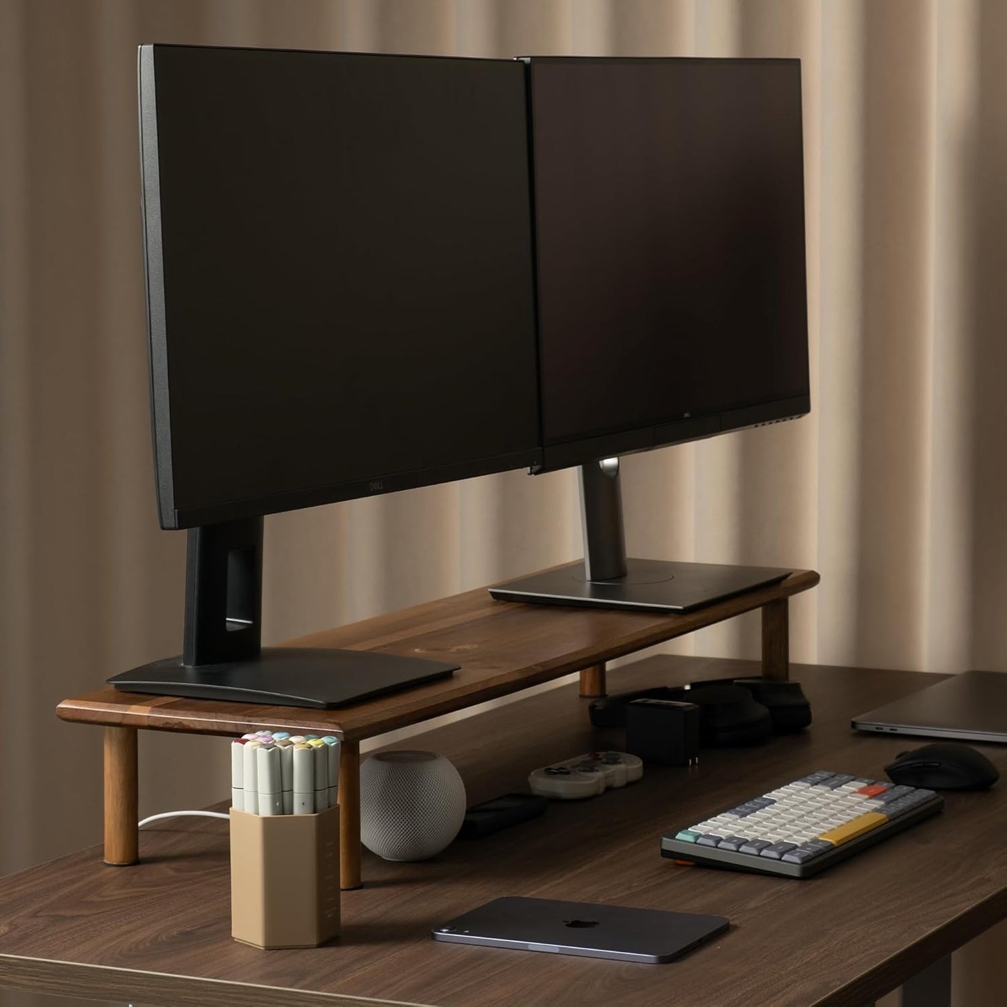Bamboo Dual Monitor Shelf, Monitor Stand Riser with Underneath Storage for Desk Office Supplies, Supports Heavy TV up to 300 lbs, Natural