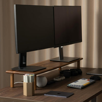 Bamboo Dual Monitor Shelf, Monitor Stand Riser with Underneath Storage for Desk Office Supplies, Supports Heavy TV up to 300 lbs, Natural
