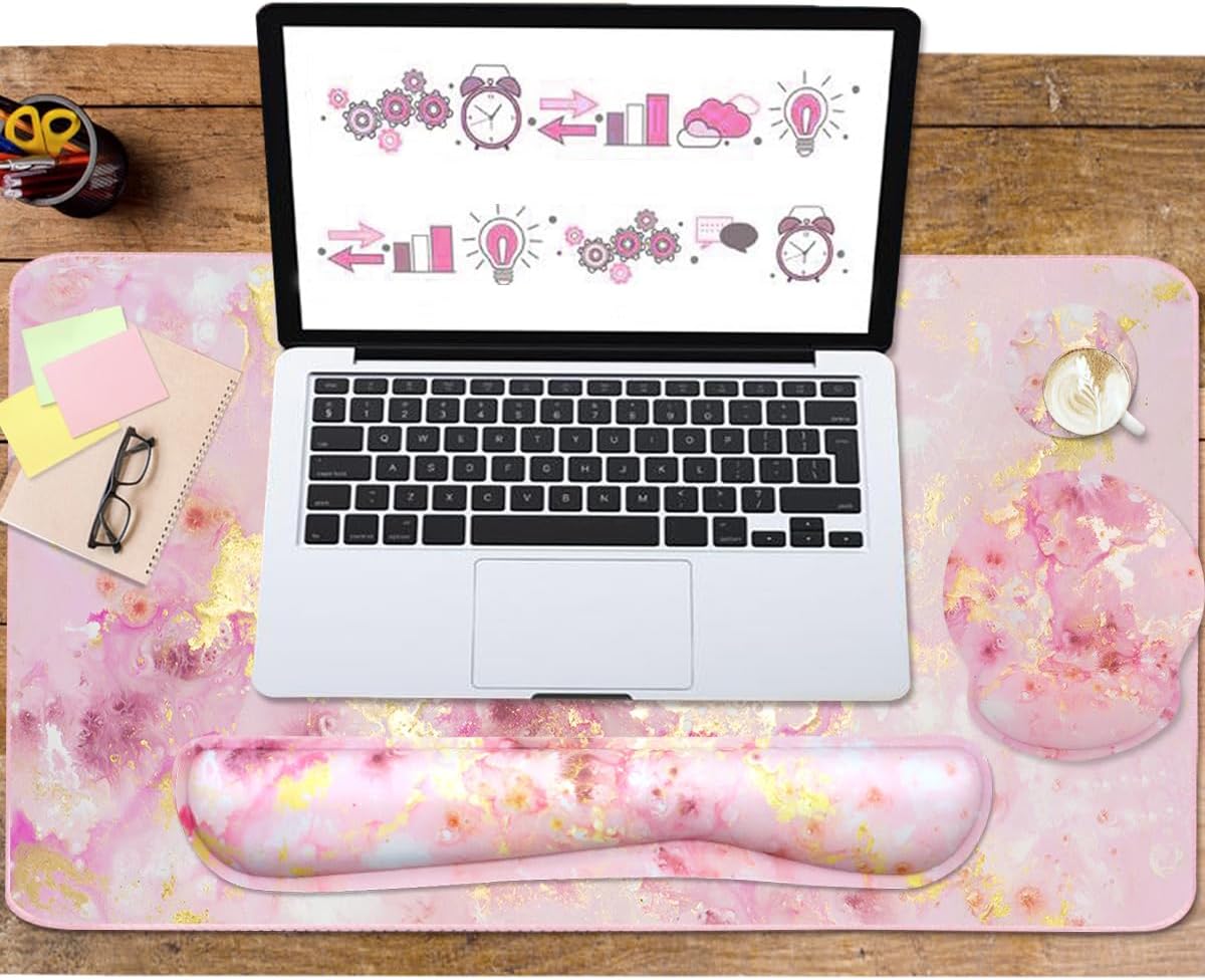 Memory Foam Ergonomic Keyboard Wrist Rest Pad and Mouse Wrist Rest Support Mouse Pad Set for Office Gaming Easy Typing-Pink Fluid