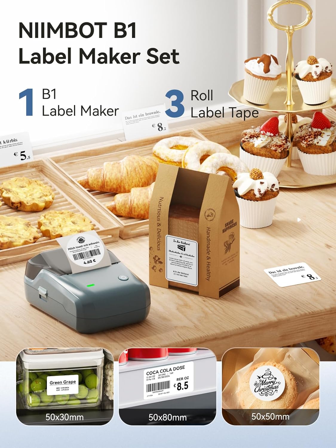 NIIMBOT B1 Label Maker Machine with Tape, 2 Inch Portable Label Printer, Bluetooth Thermal Label Printer with Multiple Templates for Small Business,Office,Home,School (Blue, 1 Printer+1 Roll Label)