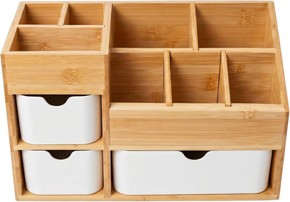 Bamboo Makeup Organizer with 3 Drawers & Adjustable Dividers, Desk Cosmetic Storage Box, Vanity Countertop Organizer for Bathroom, Office, Bedroom (11.5x5.4in)