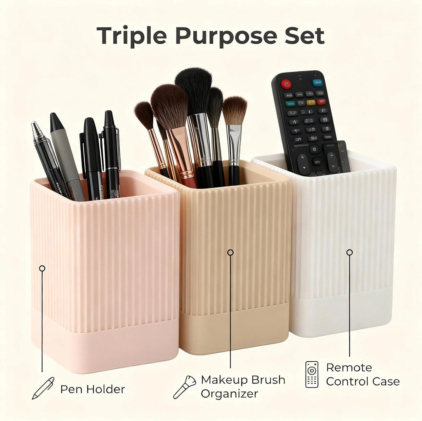 3 Pack Aesthetic Pen Holder for Desk-Sturdy Plastic Pencil Holder - Stylish Makeup Brushes Cup for Women Girls - Cute and Functional Desk Organizer for Office Supplies - Modern Office Decor Pen Cup