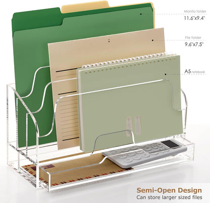 SANRUI Clear Desk Organizer Holder with Drawers, Acrylic Desktop Manila folders File Mail Sorter Box, Office Desk Accessories & Workspace Envelope Bill Letter Organization Racks, 3 Compartments