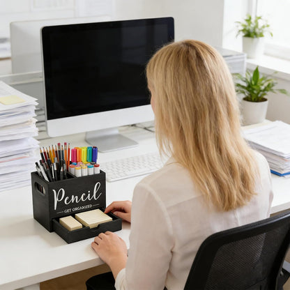 Pen Holder for Desk, Wood Pencil Organizer with Drawer, Marker Holder with 2 Compartments, Pencil Cup for Home, Office, Classroom, Teacher Supplies (White)