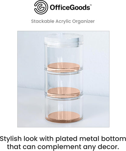 OfficeGoods 3-Tier Stackable Acrylic Holder- Stylish Desk Organizer and Storage for Office or Home – Transparent Round Design with Gold Metal Base