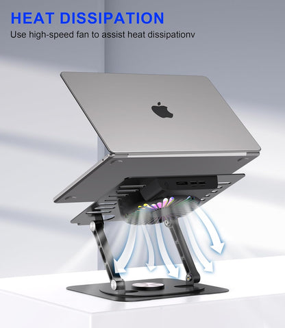 Laptop Stand,with 360°Rotating Base,External Cooling Fan,Adjustable RGB Lighting,Ergonomic Foldable Notebook Computer Holder.Compatible with All 10-17" Laptops Tablets,Silver
