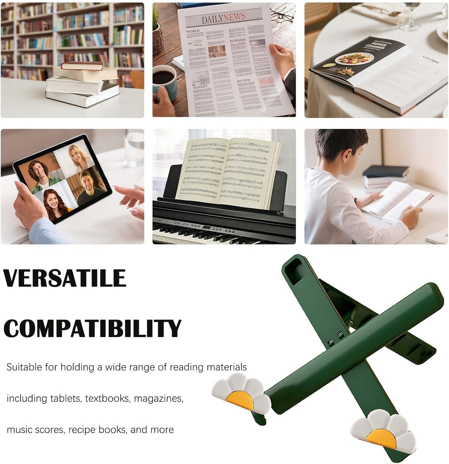 Floral Book Stand for Reading - Adjustable Foldable Desktop Holder for Tablets, Magazines, Cookbooks, Hands-Free Display at Home Office (White)