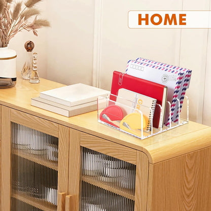 BEYGORM Acrylic Mail Holder, Clear Multifunction Desk Organizer with Divider, Vertical Letter Sorter for Desktop, 5 Compartments Modern Office Home Envelope Organizer for Bill, Document, Folder