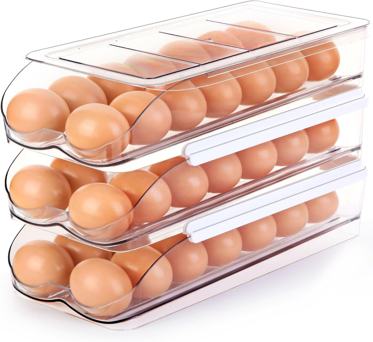 RoskDeewat Egg Holder for Fridge, Automatic Rolling Egg Container for Refrigerator, Stackable Fridge Organizers and Storage with Lid, Clear Plastic Egg Dispenser,Bin & Tray (1 Tier)
