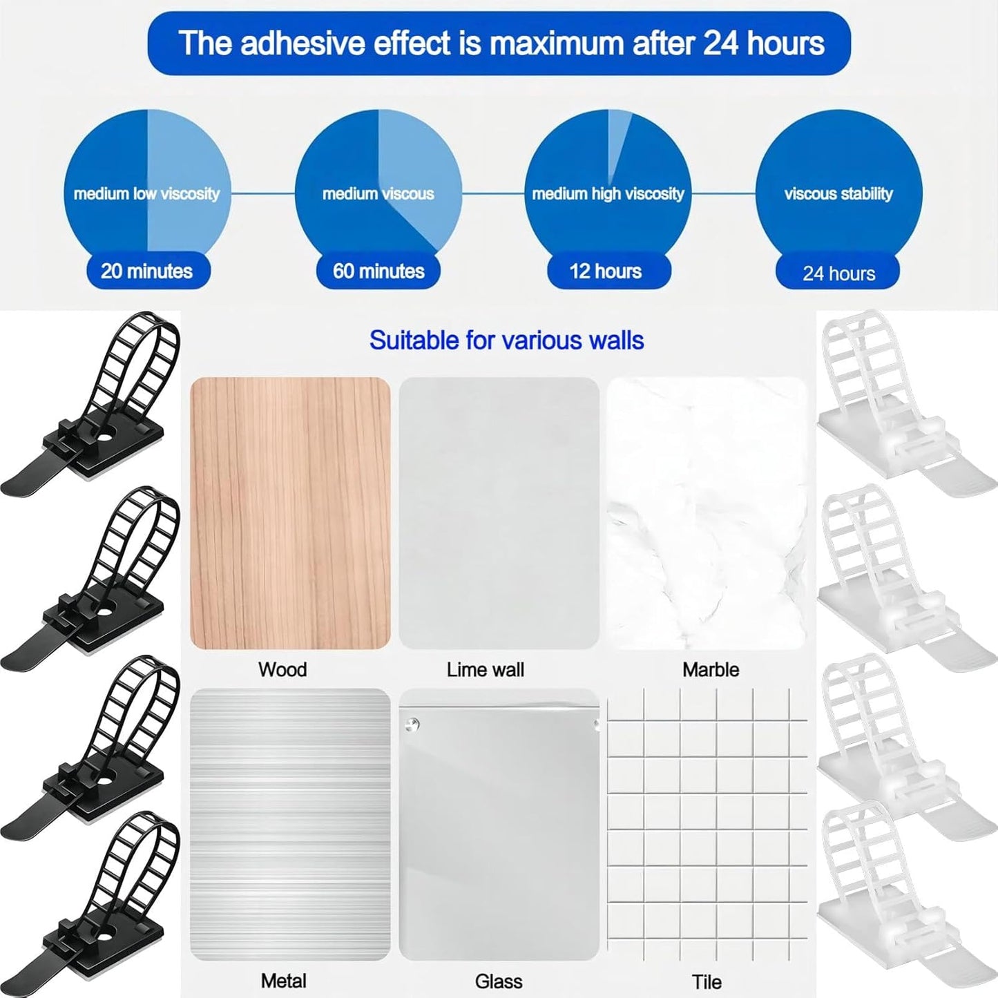 Adjustable Adhesive Cable Management Clips 50Pcs, Large self Adhesive Cable Ties Clips ，Suitable for Cable Management Under desks and on Walls (White)