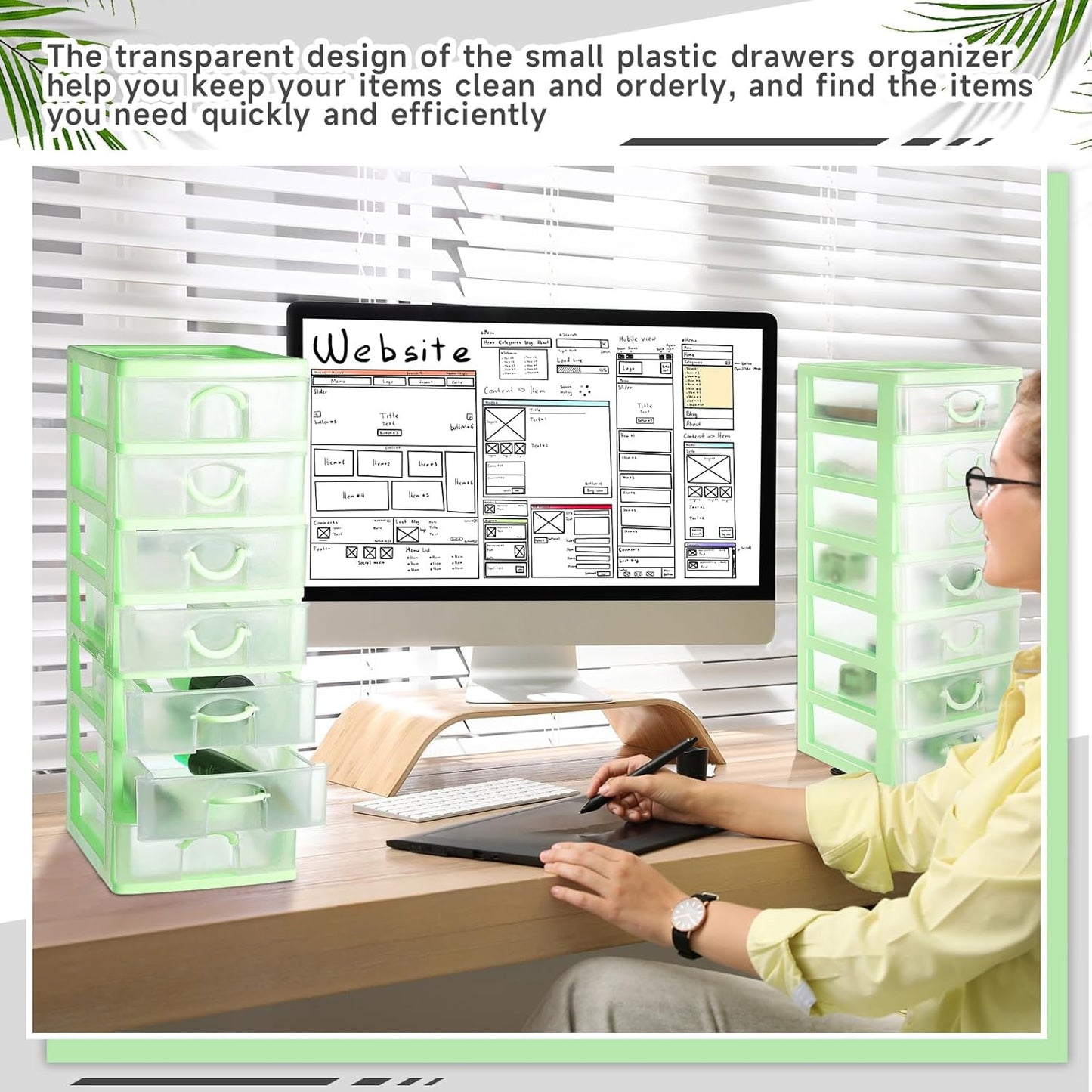Thyle 2 Pcs Plastic Drawers Organizer Mini Organizer Stackable Plastic Clear Drawer Storage Box Containers Storage Units for Desktop Classroom Craft 6.7 x 4.9 x 13.4 inches(Purple)