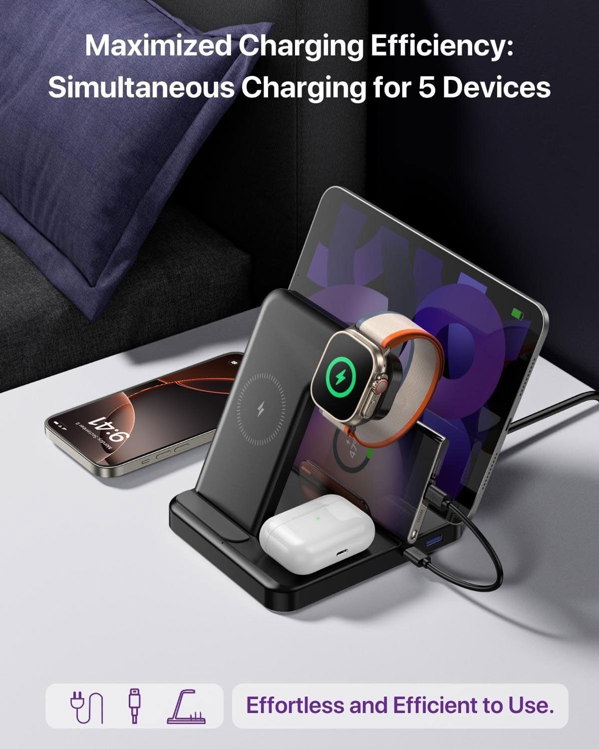 Multiple Devices Charging Station, 5-in-1 Charging Station for iPhone 17 Pro Max/Pro/16/15/14/13/12, iPad Pro/Air/Mini, Apple Watch and Airpods,Wireless Charging Dock(G805) (Black)