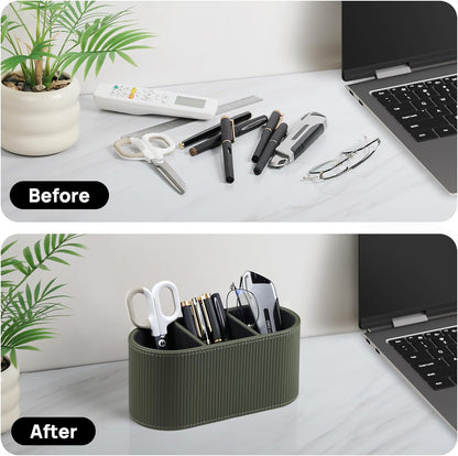 Aesthetic Remote Control Holder, PU Leather Pen Holder for Desk with 3 Compartments for Home Office Supplies and Accessories, Stylish Bedside Remote Holder Nightstand Desktop Organizer (Beige)