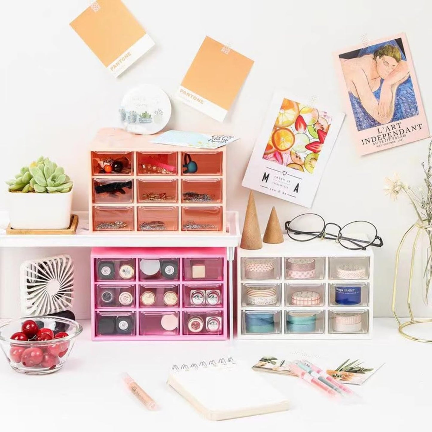 Feadily 4PCS Small Drawer Organizer for Desk, Desktop Drawer Organizer with 9 Clear Drawers, Plastic Desktop Storage Drawers 7.1 Inch x 3 .9 Inch x 4.7 Inch, White