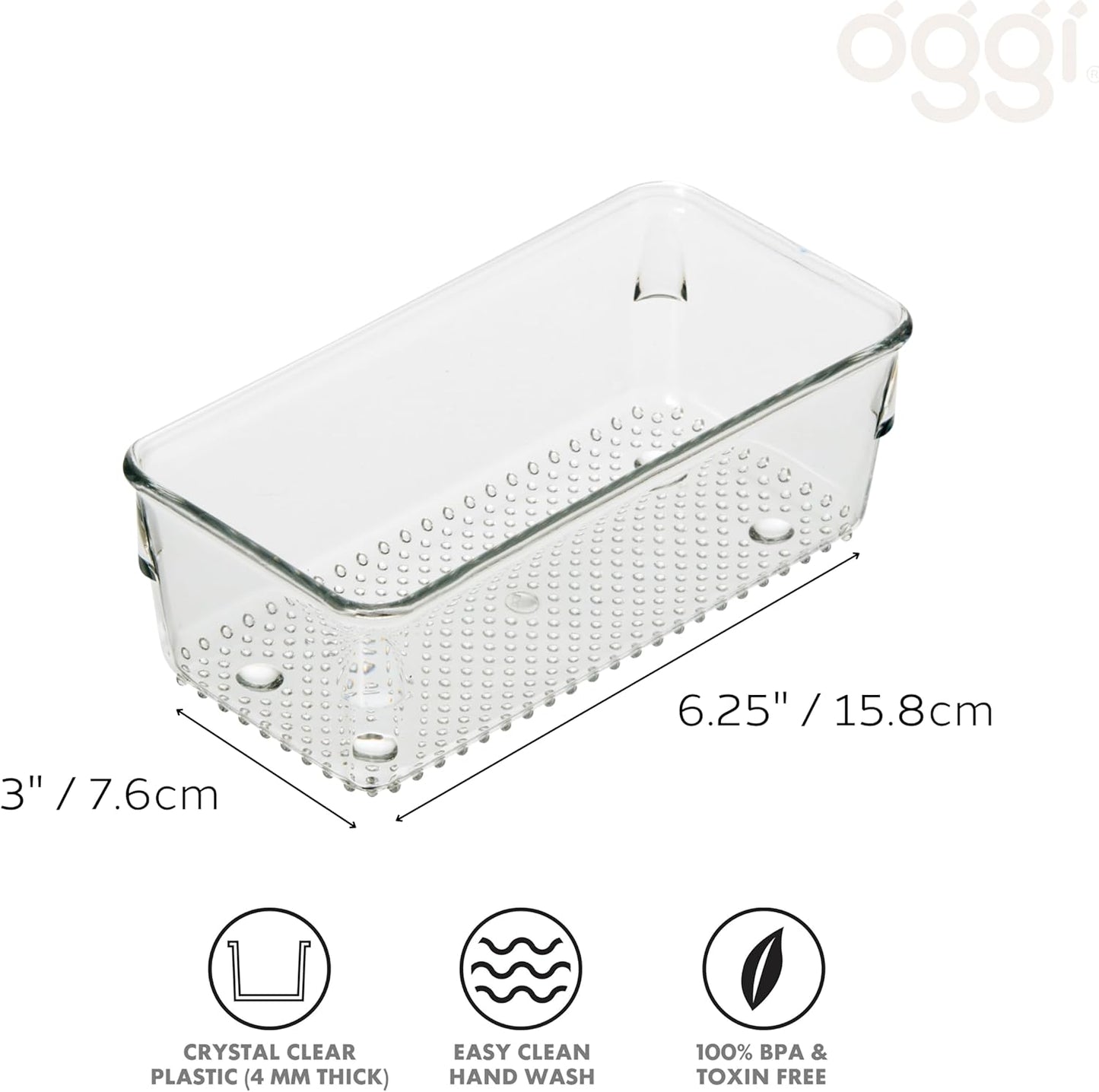 Oggi Set of 5 Clear Drawer Organizers - (1) 3x6.25, (2) 3x9.5, (2) 3x12.5 - Ideal for Organizing Kitchen Drawers, Office, Desk, Silverware, Kitchen Utensils, Cosmetics and Bathrooms