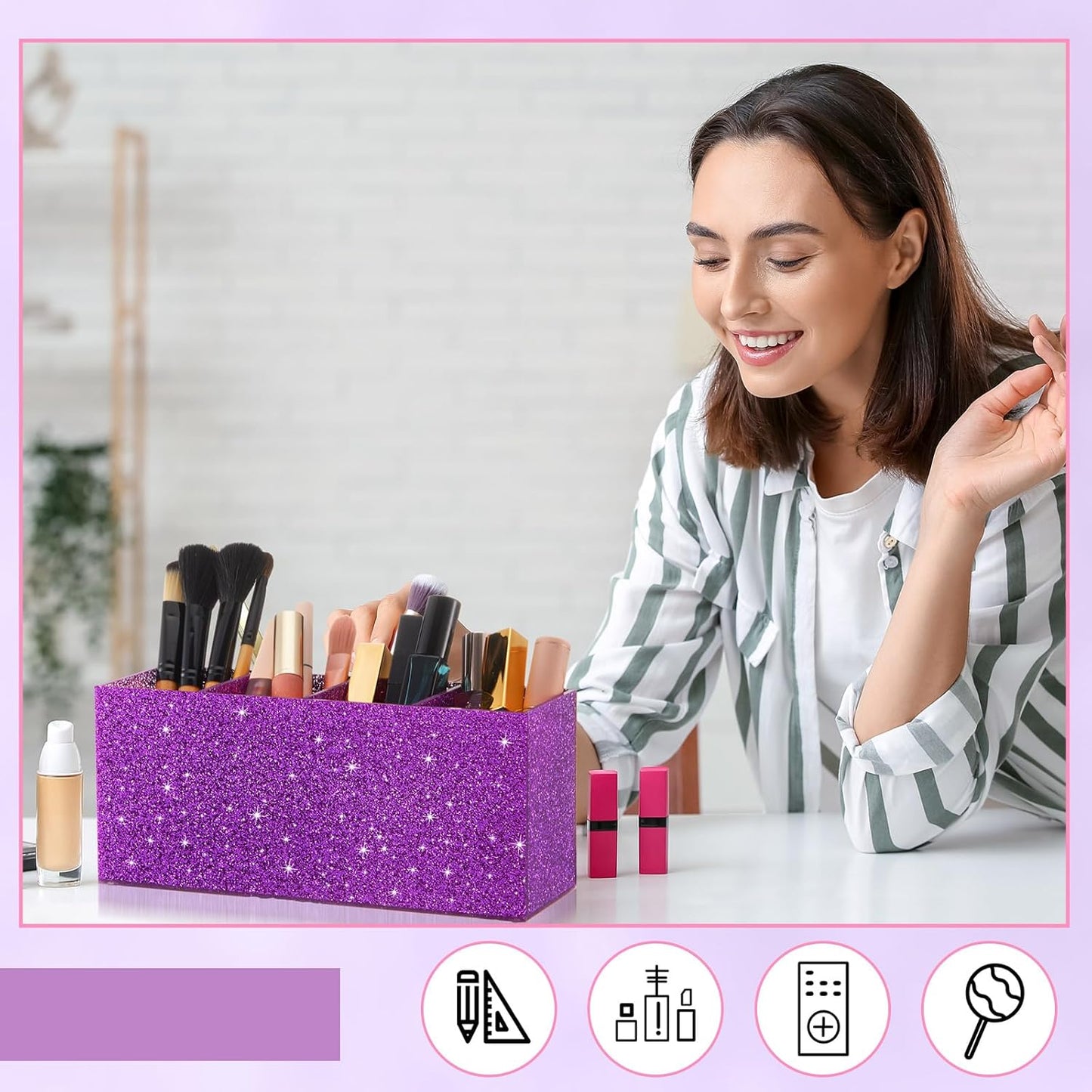 Jetec Acrylic Pen Holder 6 Compartments Makeup Brush Stationery Organizer Pencil Holder for Desk Accessories, Cosmetic Brushes, Dorm, Home, Bathroom, Kitchen, Office Supplies(Neon Pink)
