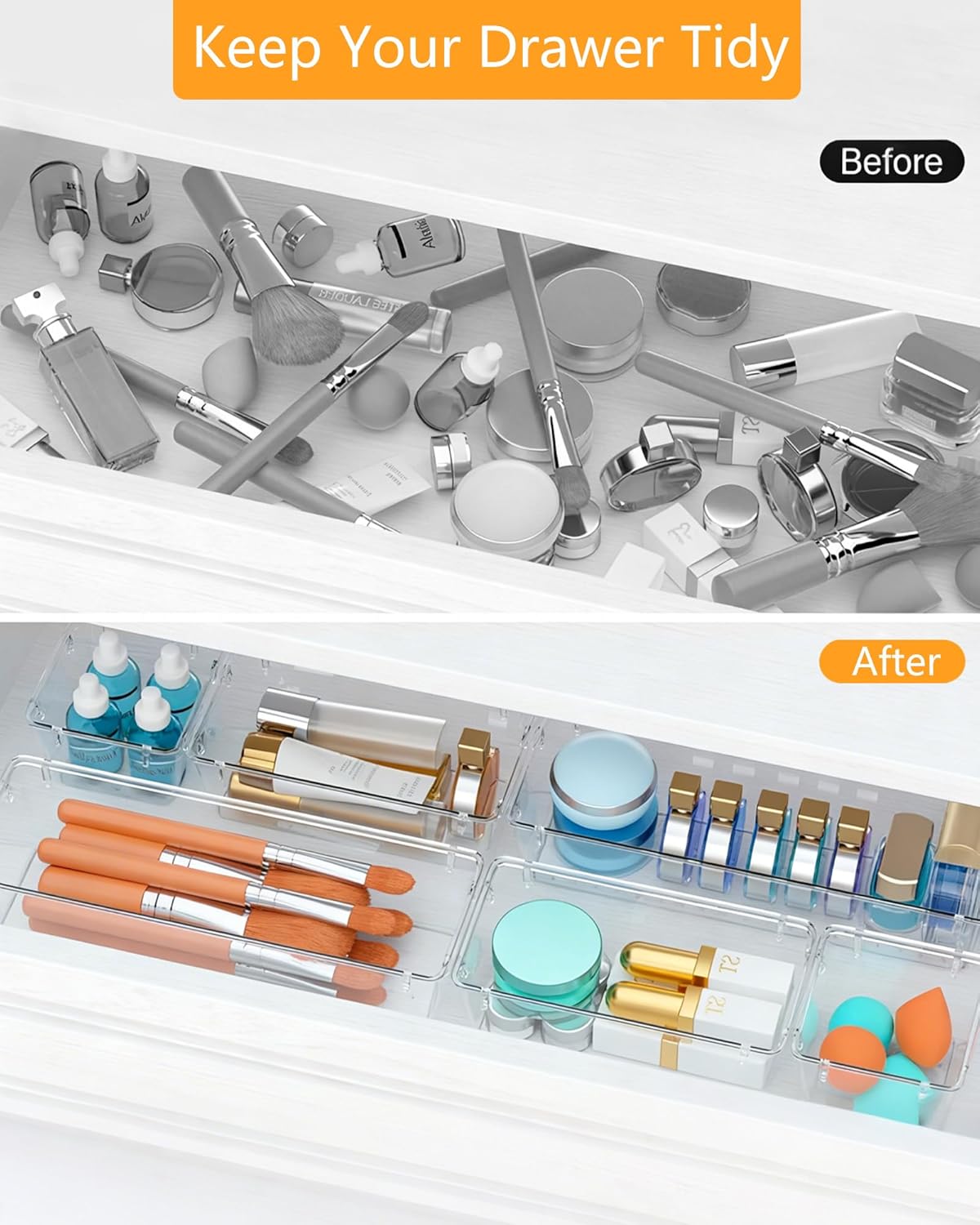 Clear Drawer Organizers Set of 13, 5-Size Vanity Organizer Trays, Stackable Bathroom & Desk Drawer Organizer for Makeup, Jewelry, Kitchen Utensils, Office Supplies and Small Gadgets Storage