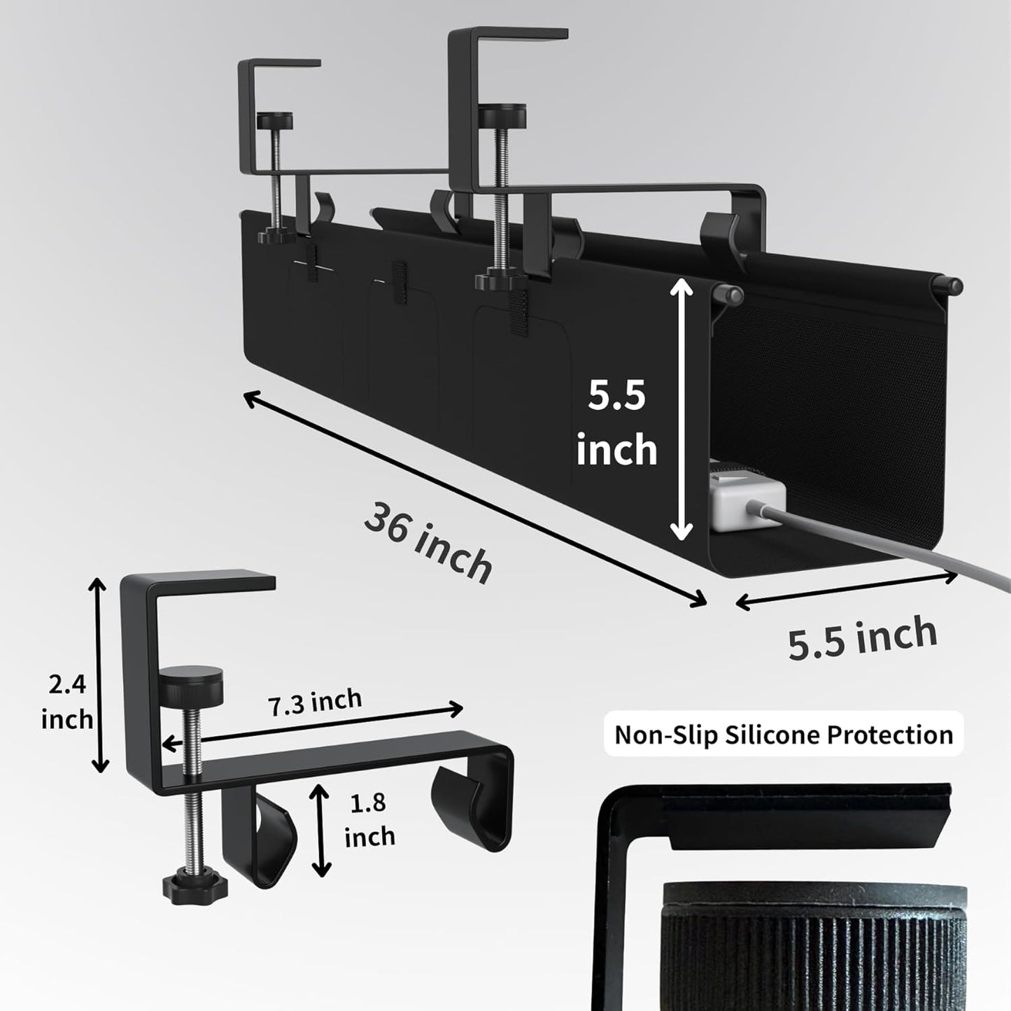 Under Desk Cable Management Tray, 36” Fabric No Drill Clamp Mount Cord Organizer for Desk, Heavy Duty Wire Management for Office Home, Black
