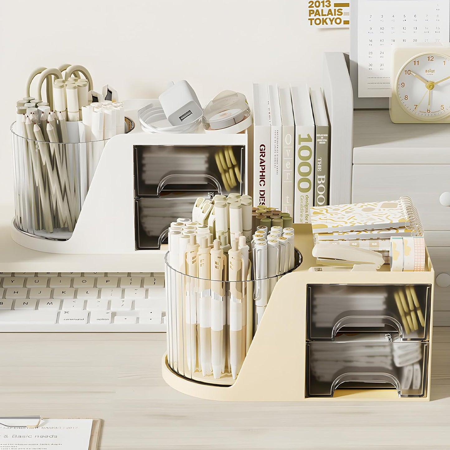 360 Degree Rotating Pencil Pen Holder for Desk , Cute Desk Pen Organizers Desktop Storage Stationery Supplies Cup Pot for Office School Home Art Supply Accessories Caddy Makeup Brush Holder White