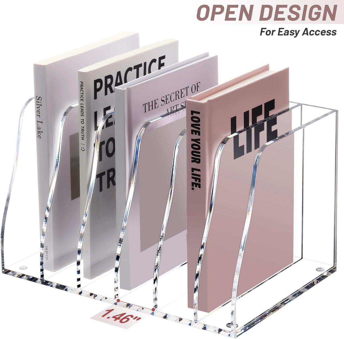 SANRUI Acrylic File Organizer, Clear Magazine File Holder Desk Organizer for Office Organization and Storage with 5 Vertical Compartments, Desktop Bookshelf for Home Office Organization