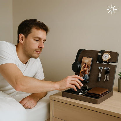 Namore Nightstand Organizer for Men – Wood Phone Docking Station & Bedside Valet Tray Organizer for Wallet, Watch & Keys – Unique Gifts for Men, Husband, Dad