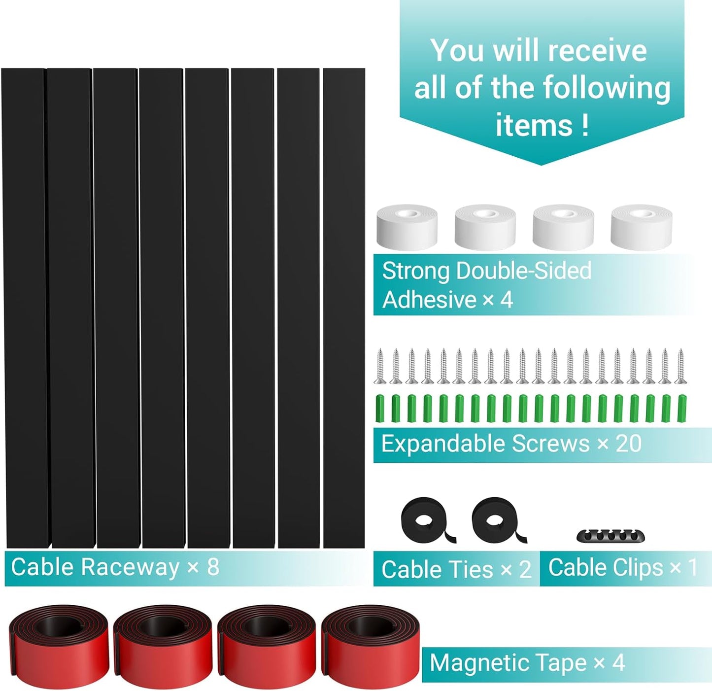 Cable Hider Raceway Kit, Magnetic Cable Management Under Desk with Upgraded Aesthetic Large Hole, Cord Organizer Kit for Hiding Computer, Gaming Desk, Network, Power Cord, TV - 4PCS 4x15.7in Black