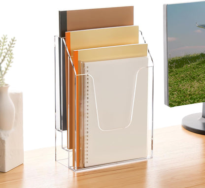 YUXUN Acrylic File Folder Holder, Vertical File Storage, Clear Desktop Organizer, 2 Pockets