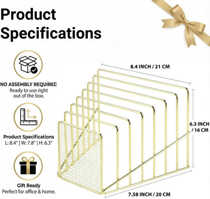 Simmer Stone Rose Gold Desk Organizer 7 Slot Inclined Vertical File Folder Holder Sorter with Mesh Front – Metal Wire Rack for Mail, Slim Binders, Books Office Organization & Desktop Accessories