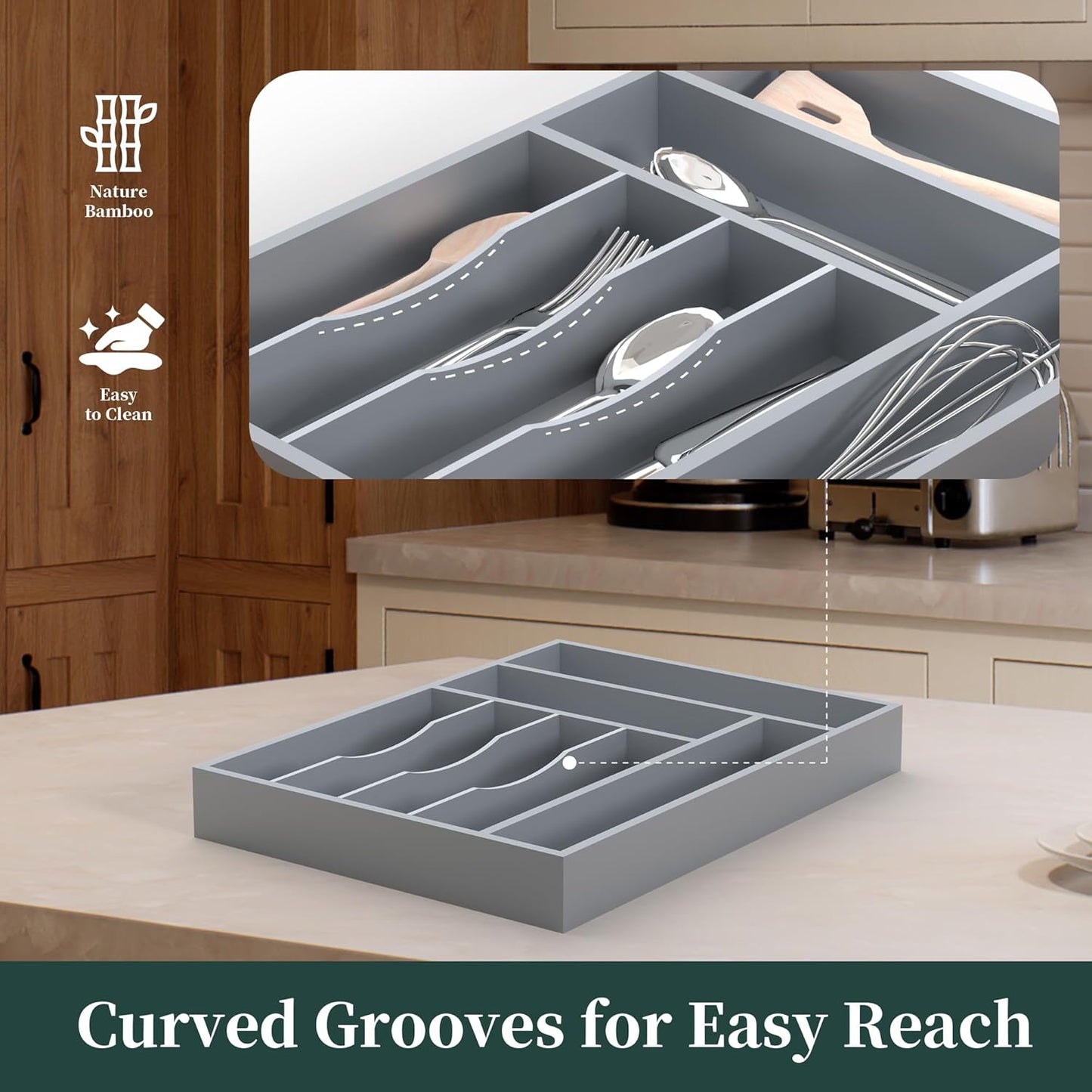 Small Silverware Organizer, Bamboo Kitchen Drawer Organizer, Utensil Holder, Cutlery Tray & Spoon Flatware Storage with Grooved Drawer Dividers (6.7''W x 12''D)