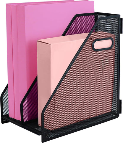 Desk Organizers, Metal Magazine File Holder with 2 Vertical Compartments Rack Binder File Organizer for Office Supplies, Home Workspace - Black