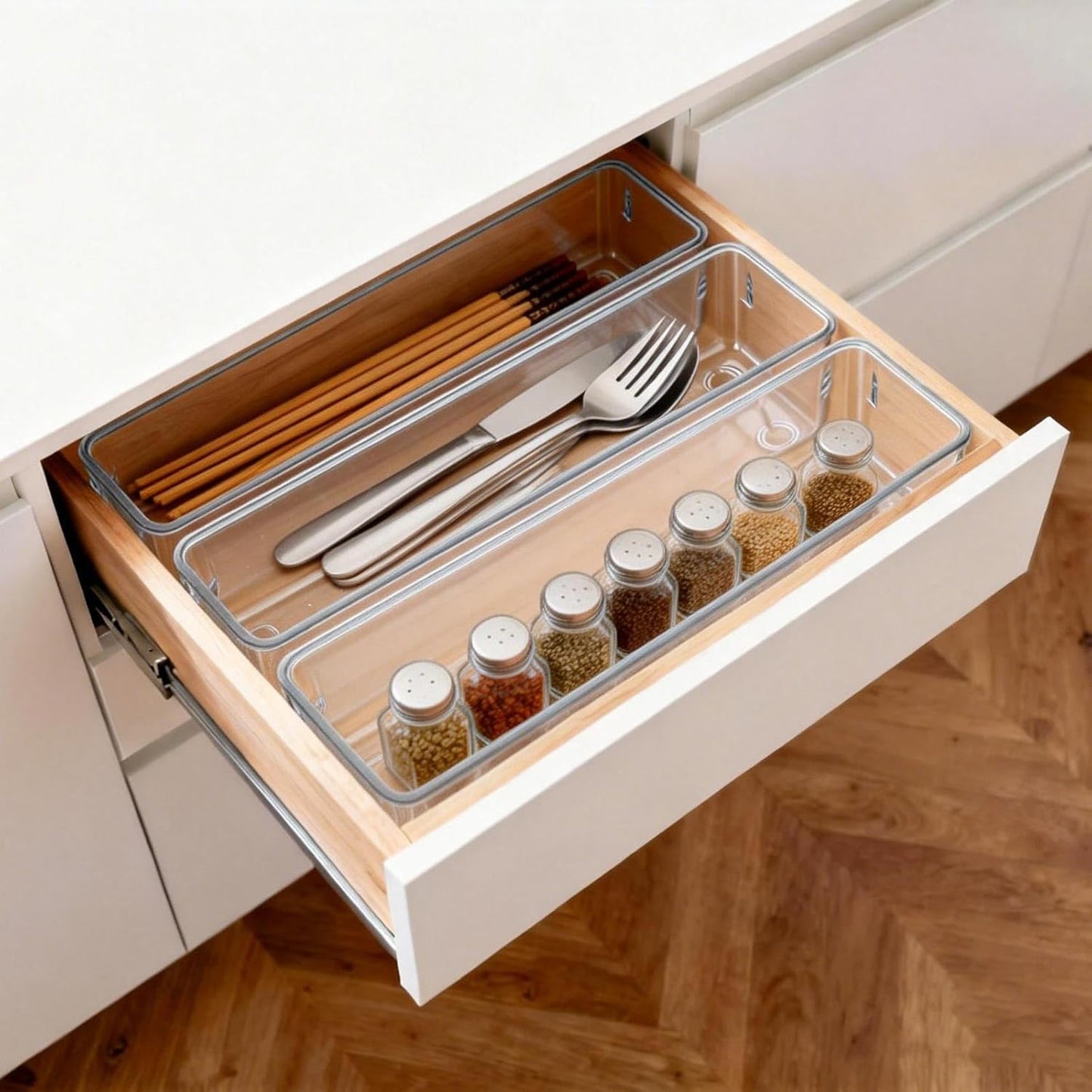 Ohlove 6 Pcs Large Clear Plastic Drawer Organizers Tray 15" x 6.3" Storage Bins with 25 Pcs Non-Slip Pads for Makeup, Jewelries, Kitchen Utensils, Bathroom and Office