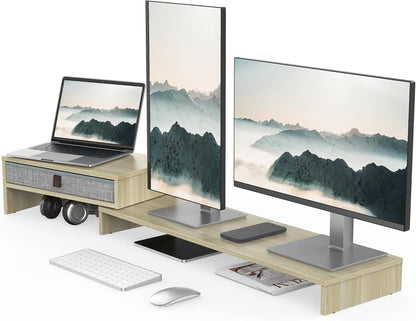 Fenge Computer Monitor Riser Stand with Drawer for 2 or 3 Monitors ,Adjustable Length and Angle Desktop Laptop Stand,Office Organizer,Printer,Black
