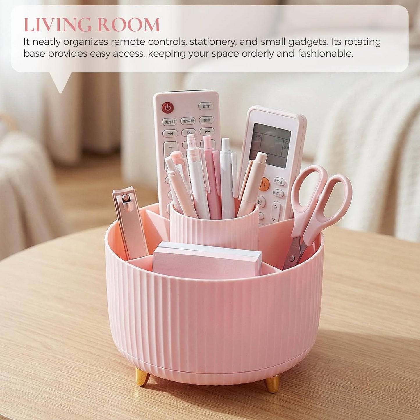 KONVINIT Pencil Pen Holder for Desk, 5 Slots 360 - Degree Rotating Desktop Organizer, Cute Desk Organizers and Accessories for School, Home, Office and Art Supply, Beige