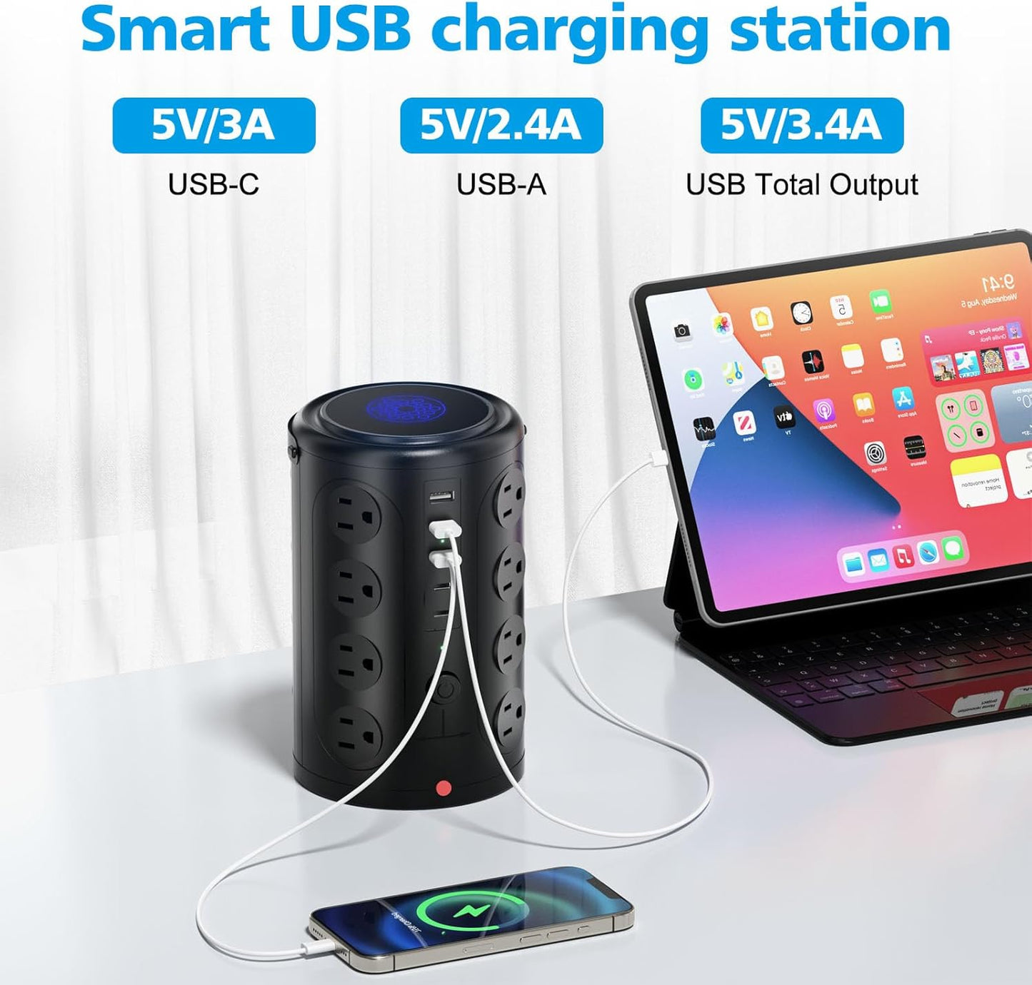 Surge Protector Power Strip - Desk Charging Station with 15W Wireless Charger, Multiple Outlets Charging Station with 16 2300J AC Outlets & 5 USB (2 USB C) Port, for Home, Office, Dorm Room