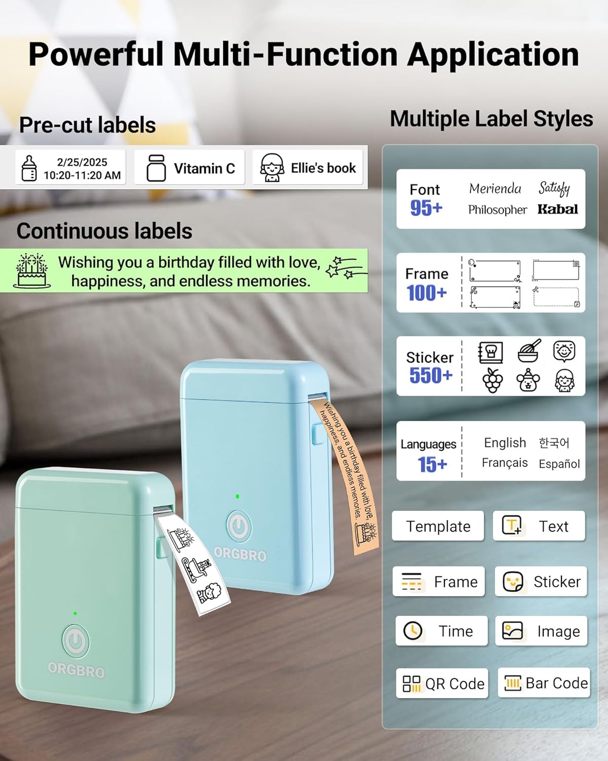 ORGBRO Label Maker Machine with Tape, X1 Portable Bluetooth Mini Label Printer, Support Pre-Cut & Continuous Label, Wireless Small Label Makers with Versatile App for School Home Office Organization