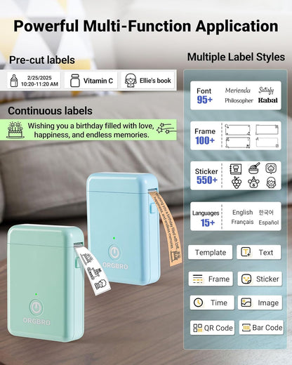 ORGBRO Label Maker Machine with Tape, X1 Portable Bluetooth Mini Label Printer, Support Pre-Cut & Continuous Label, Wireless Small Label Makers with Versatile App for School Home Office Organization