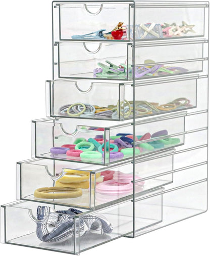 Clear Drawer Organizer, Transparent Plastic Storage Drawers, Hair Accessaries Organizer Case Display Stand, Acrylic Organizers for Organizing Eyeglass, Hair Ties, Accessories (Large - 6-Drawer)