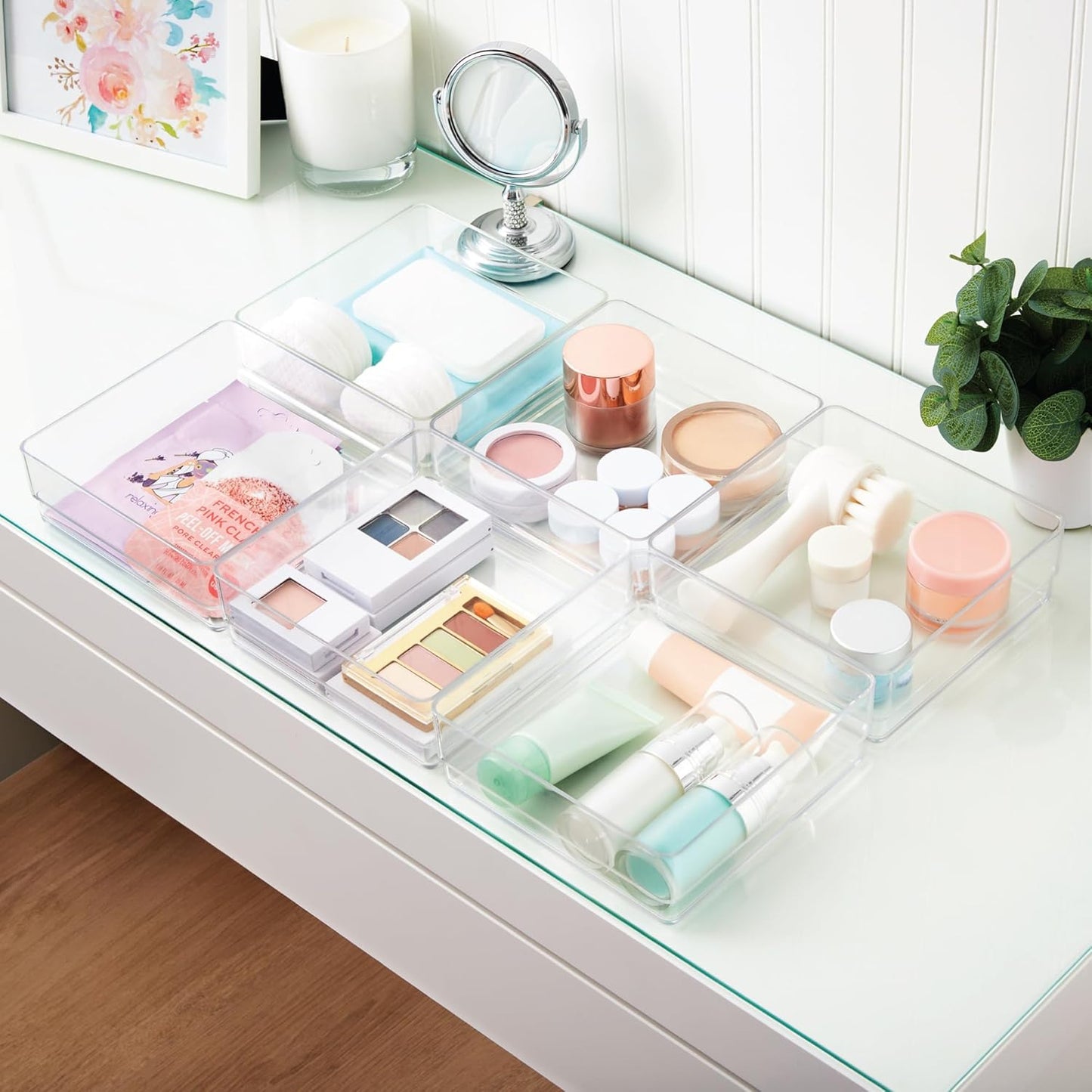 STORi SimpleSort 3-Piece Stackable Clear Drawer Organizer Set | 9" x 6" x 2" Rectangle Trays | Wide Makeup Vanity Storage Bins and Office Desk Drawer Dividers | Made in USA