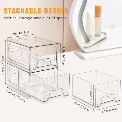 Stebopum 6 Pack Stackable Makeup Organizer, 4.4'' Tall Acrylic Bathroom Makeup Organizer and Storage Drawer with Pull-out Handle, Clear Plastic Storage Bins for Vanity,Pantry,Desk,Undersink,Kitchen