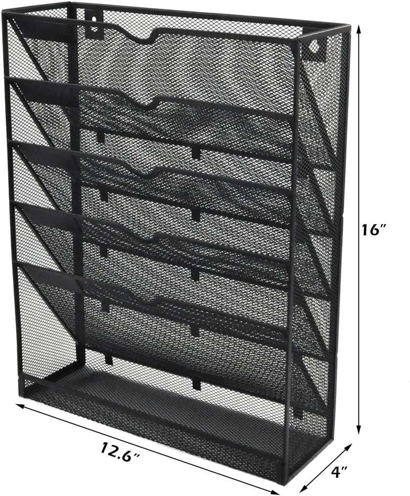EASEPRES Desk File Organizer Mesh 6-Tier, Hanging Wall Mount Document Organization Stand, Desktop Vertical Mail Paper Folder Holder Rack with Bottom Tray for Office Home Cubicle Countertop, Black